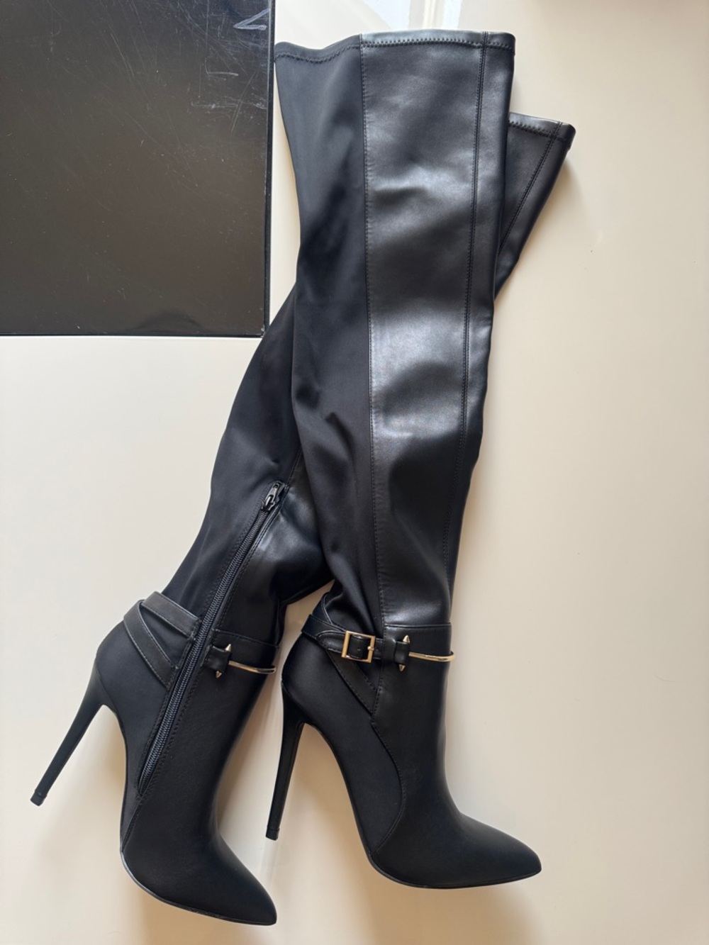 Shoe Dazzle Gidget Black Over-the-Knee Stiletto Boots with Gold Buckle